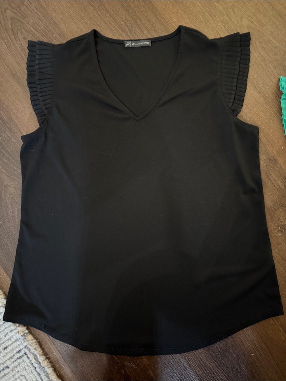 Adrianna Papell Pleated Sleeve V-Neck Tops - Black and Green - Picture 4 of 7
